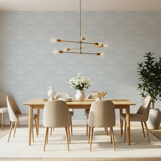 Dining area arrangement placed against Gilded Petals Wallpaper with warm lighting, GD8329