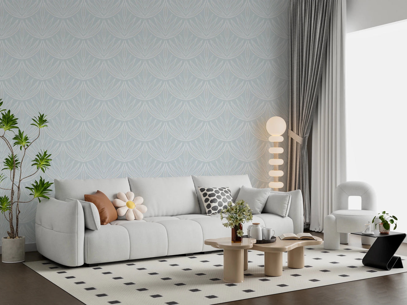 Bright lounge corner where Gilded Petals Wallpaper fills with subtle pattern