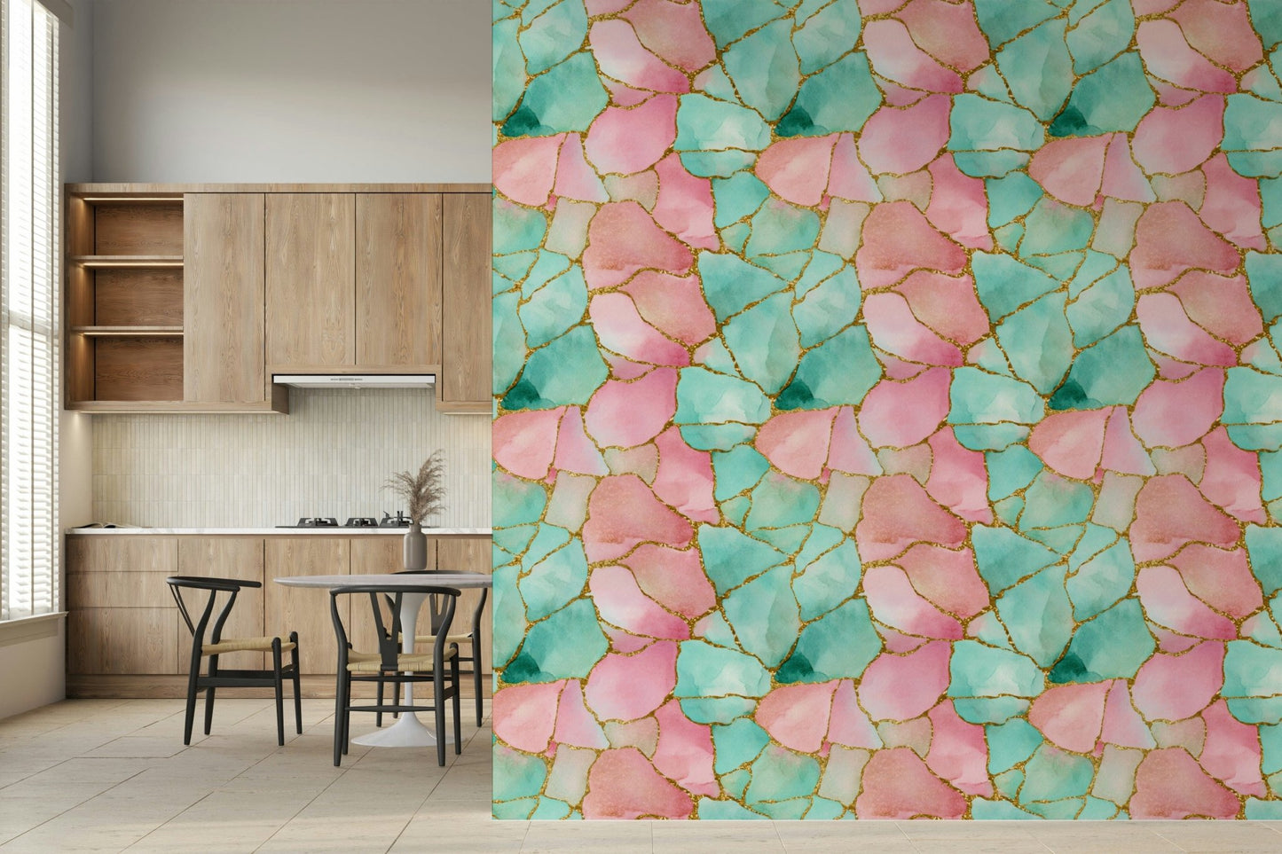 Designer aesthetic Gilded Pink And Turquoise Waters Wallpaper enhancing a modern interior.