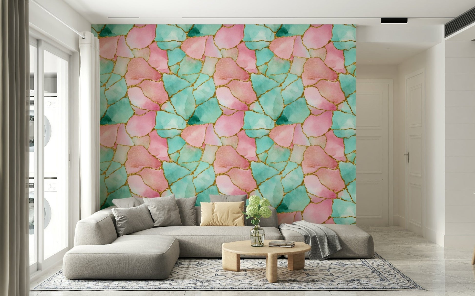 Shimmering ocean and sky Gilded Pink And Turquoise Waters Wallpaper office wall covering.