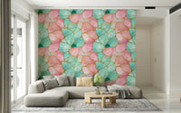 Shimmering ocean and sky Gilded Pink And Turquoise Waters Wallpaper office wall covering.