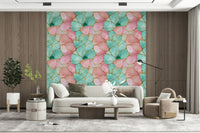 Iridescent effects Gilded Pink And Turquoise Waters Wallpaper brightening a contemporary area.