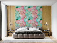 Turquoise and pink flowing pattern Gilded Pink And Turquoise Waters Wallpaper bedroom feature.