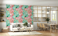 Abstract metallic design Gilded Pink And Turquoise Waters Wallpaper powder room accent.