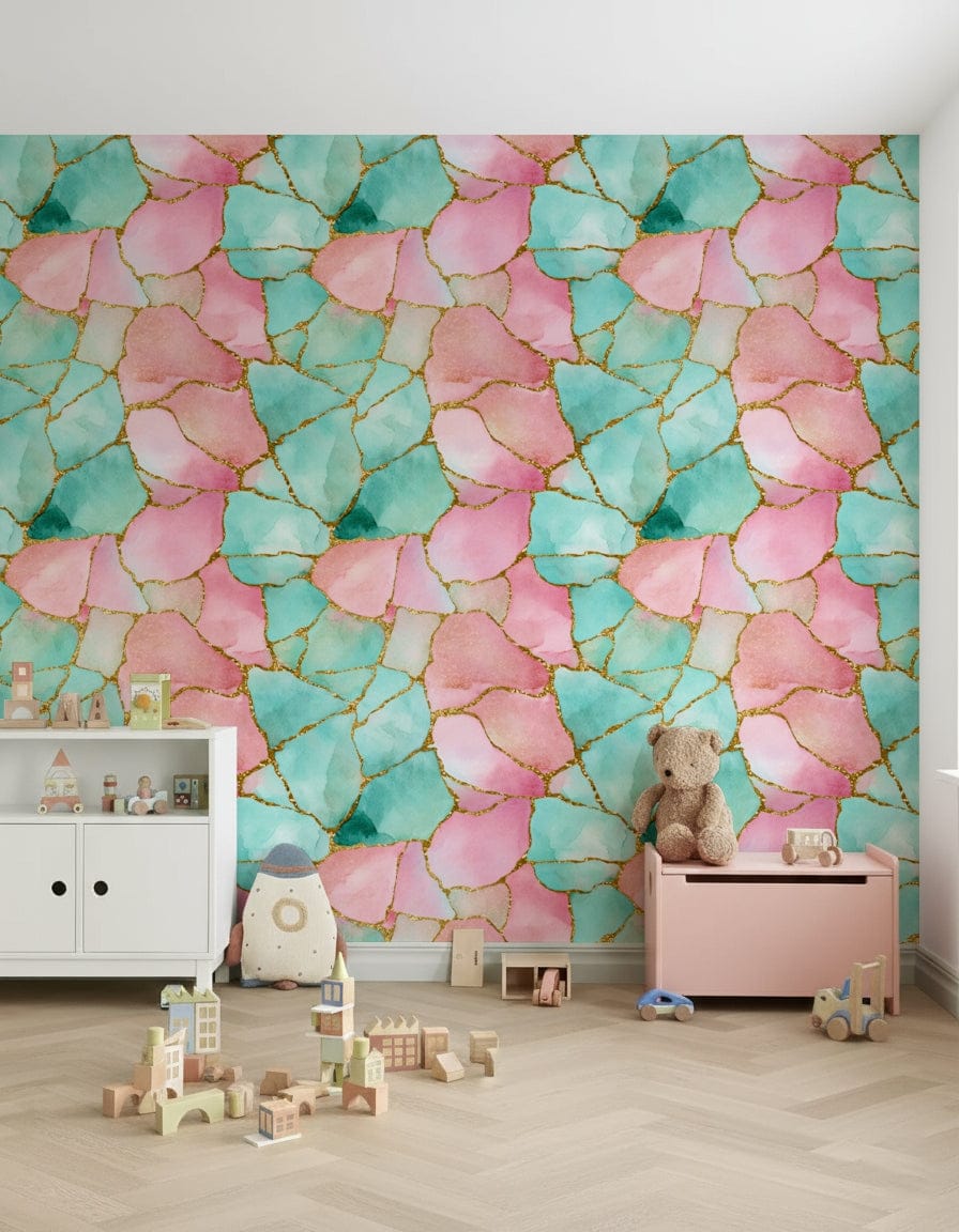 Oversized artistic pattern Gilded Pink And Turquoise Waters Wallpaper used on a hallway.