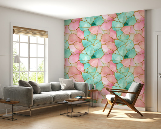 Gilded Pink And Turquoise Waters Wallpaper artistic dining room statement wall.