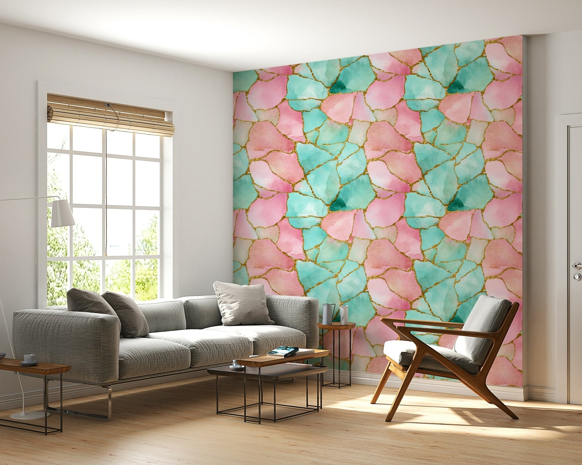 Gilded Pink And Turquoise Waters Wallpaper artistic dining room statement wall., GD6253