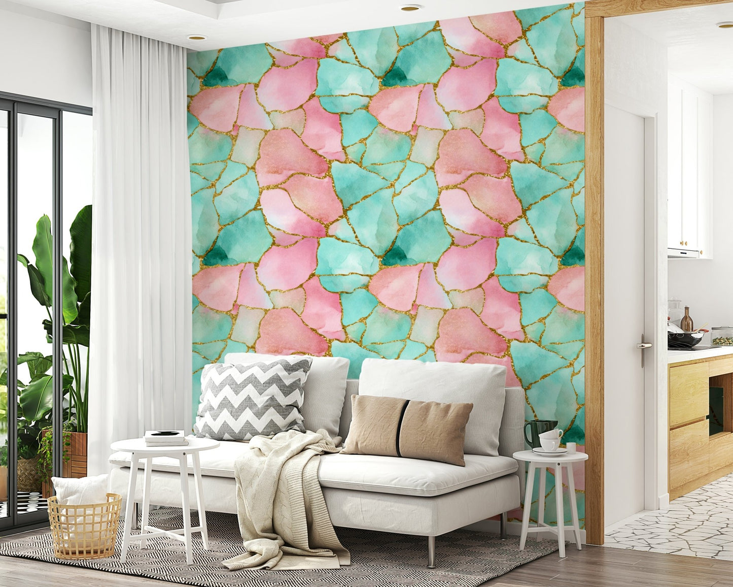Luxury decor theme Gilded Pink And Turquoise Waters Wallpaper installation living space.