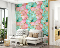 Luxury decor theme Gilded Pink And Turquoise Waters Wallpaper installation living space.