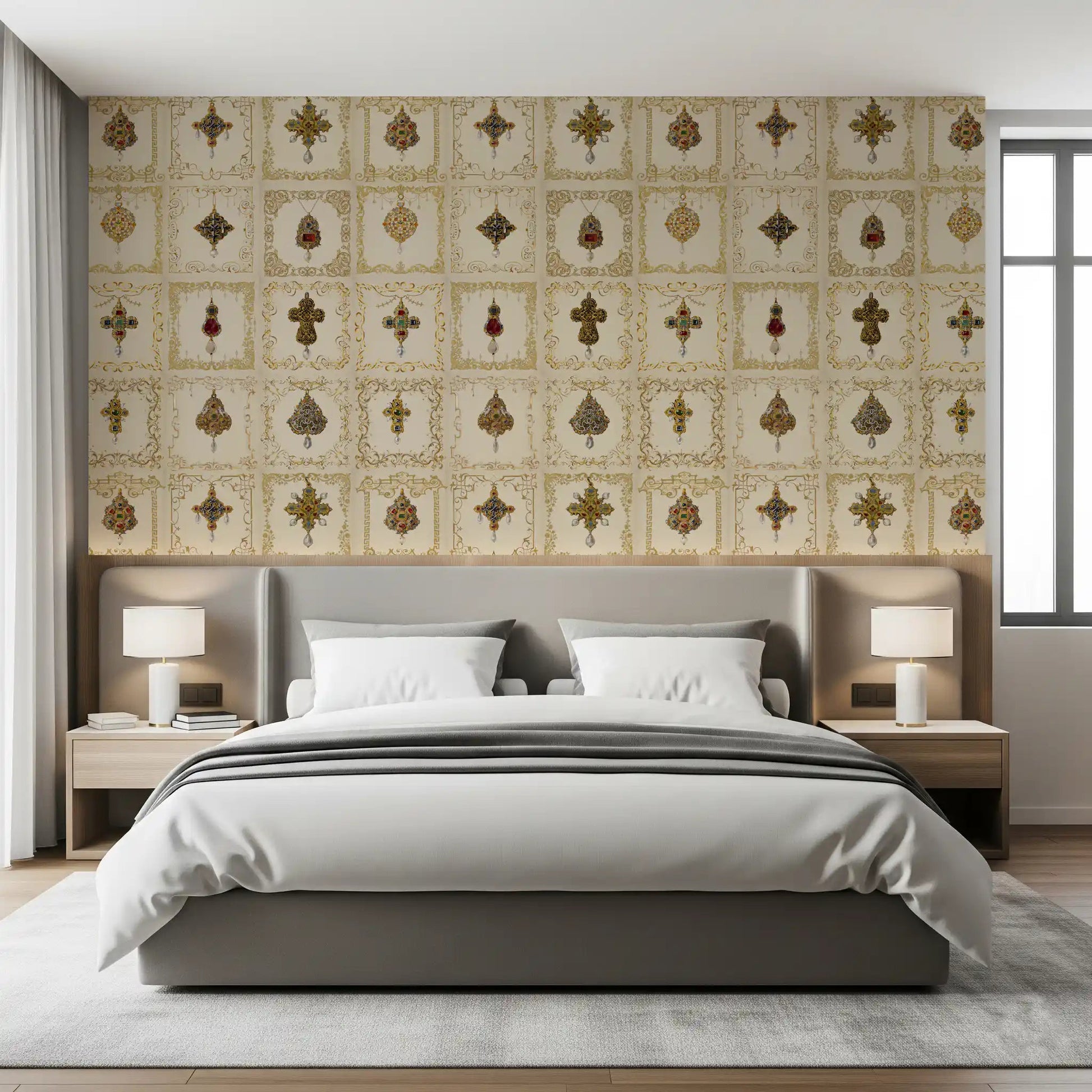 Gilded Relics Pattern Wall Mural in a warm, wooden-accented Bedroom., GD8994