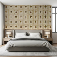 Gilded Relics Pattern Wall Mural in a warm, wooden-accented Bedroom., GD8994