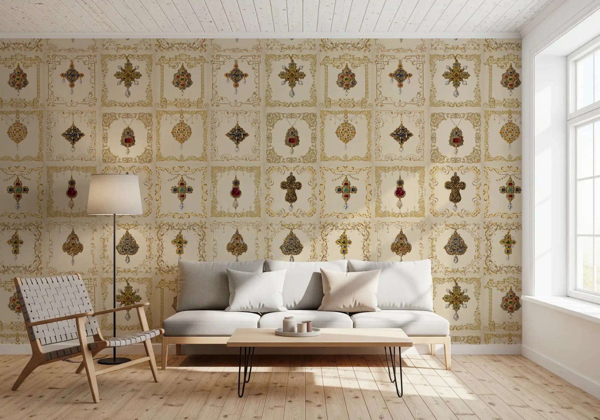 Close up of a red jewel pendant on Gilded Relics Pattern Wall Mural., GD8994