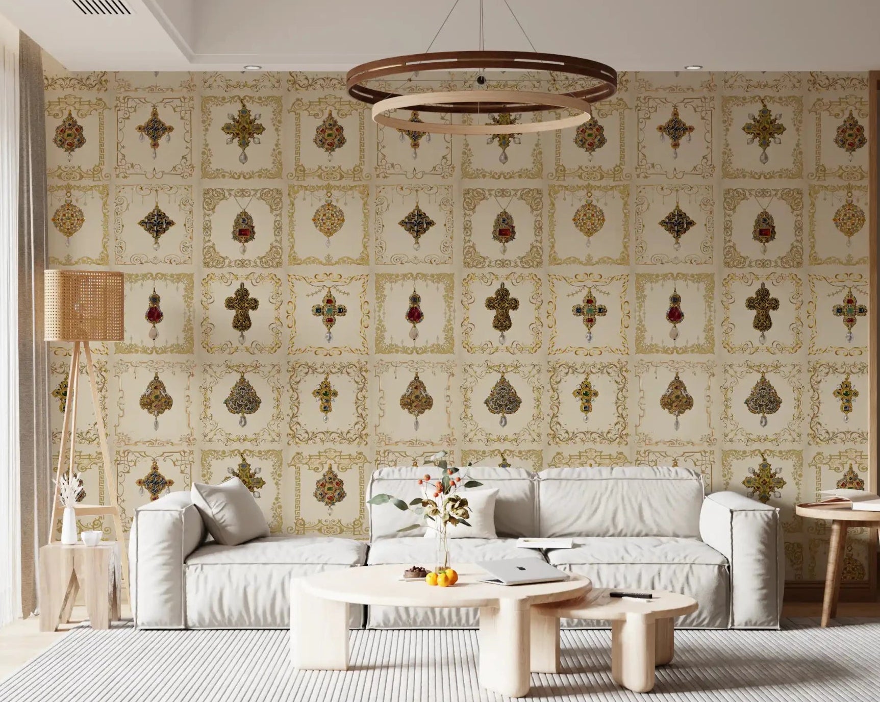 Gilded Relics Pattern Wall Mural in a neutral living room space., GD8994