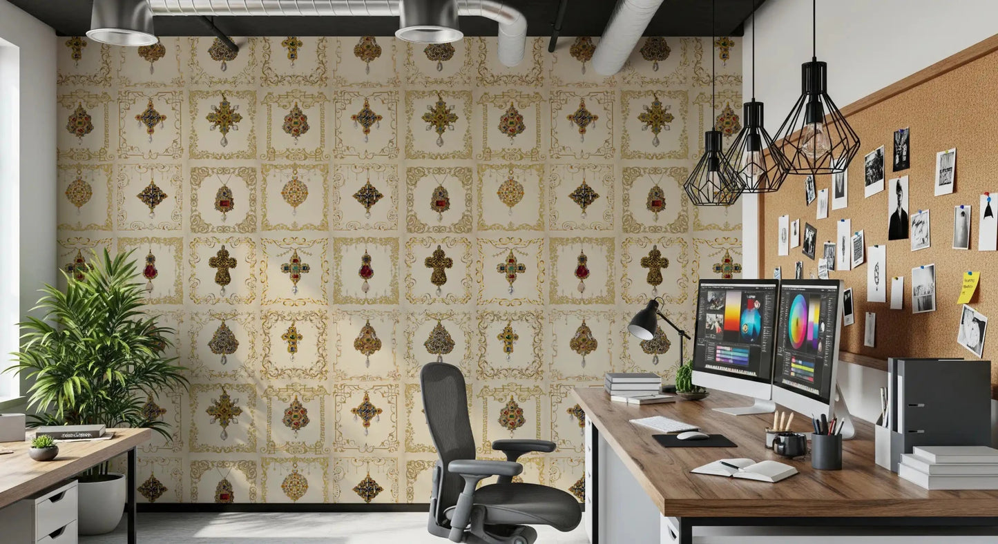 Traditional Gilded Relics Pattern Wall Mural in a bright Workplace., GD8994