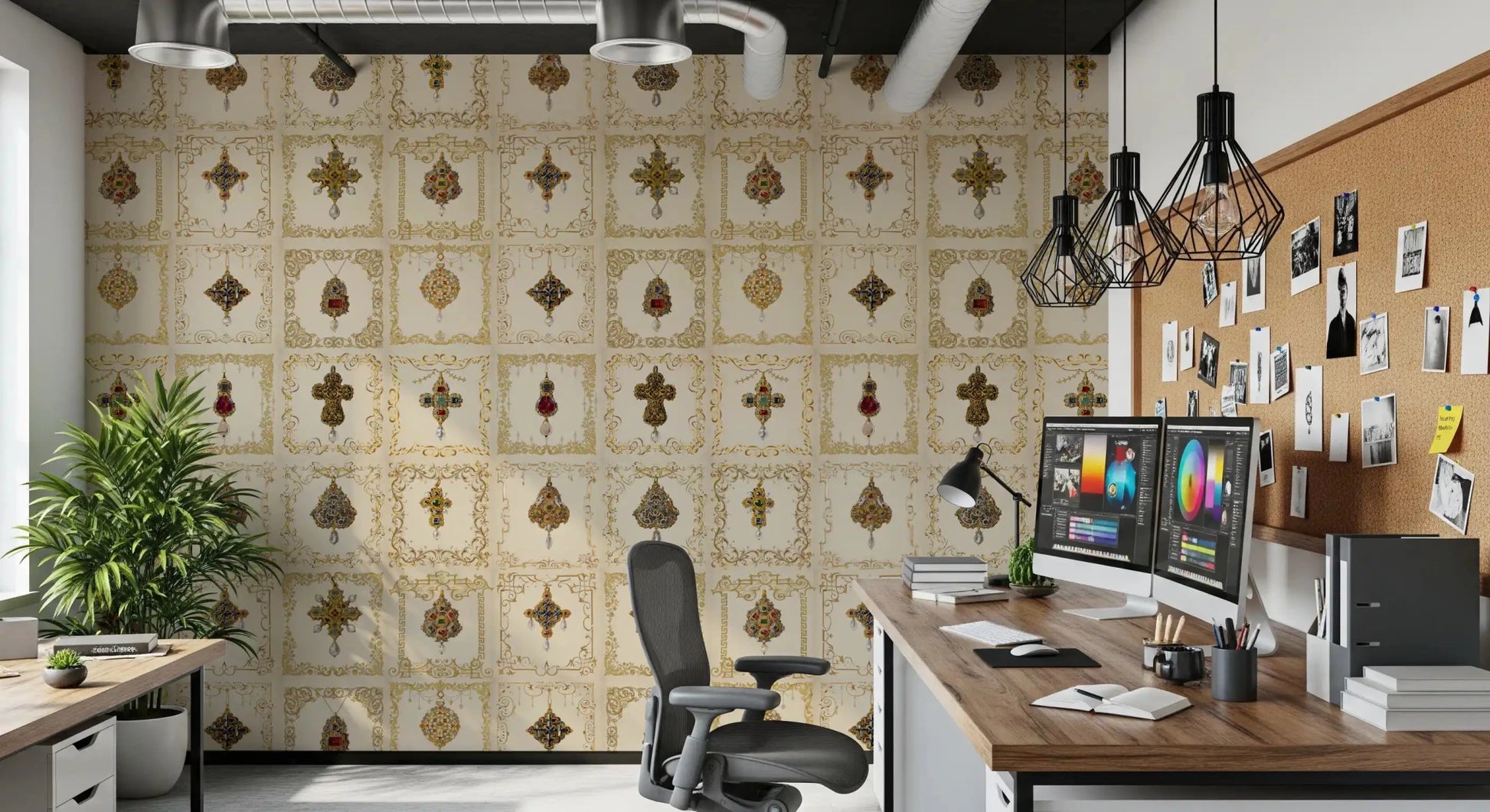 Traditional Gilded Relics Pattern Wall Mural in a bright Workplace., GD8994