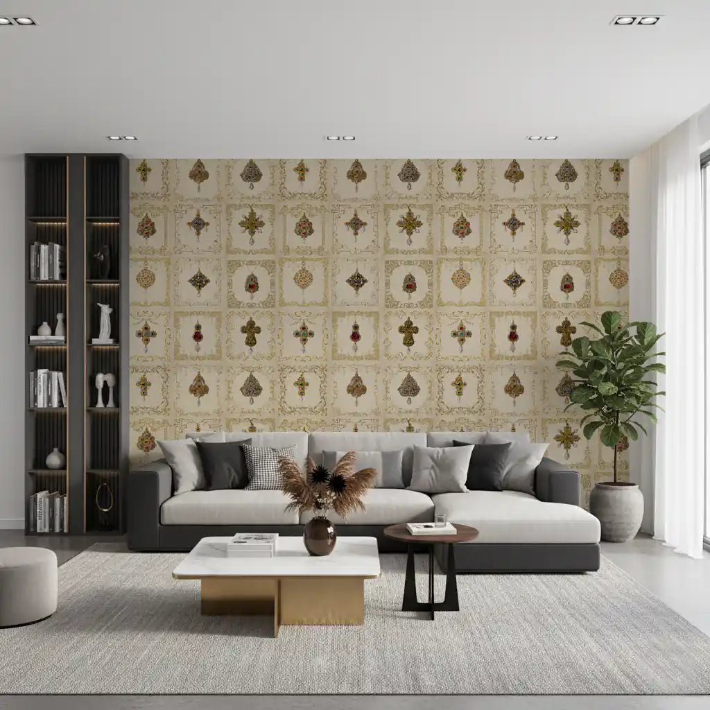 Cream and gold Gilded Relics Pattern Wall Mural in a master bedroom., GD8994
