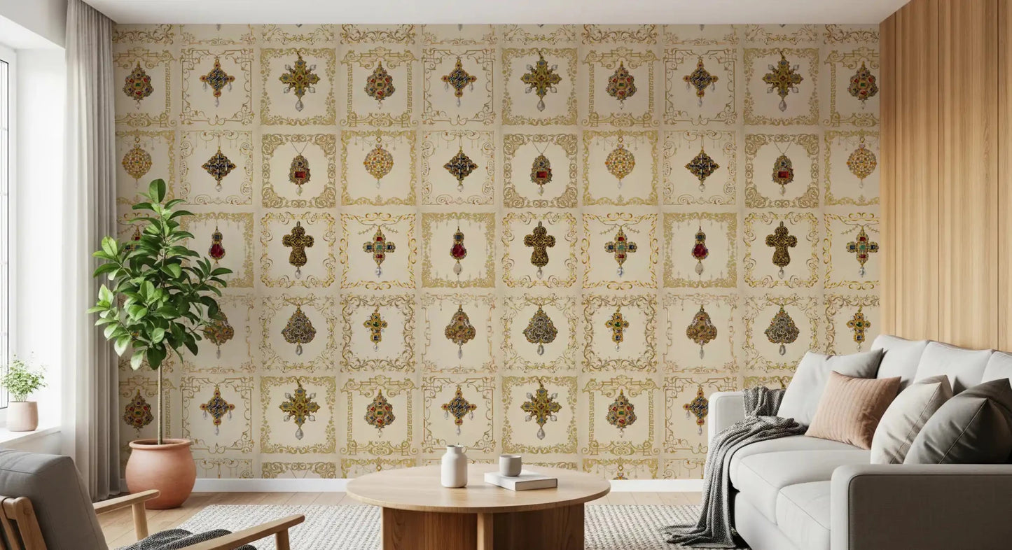 Ornate Gilded Relics Pattern Wall Mural for a contemporary living room., GD8994