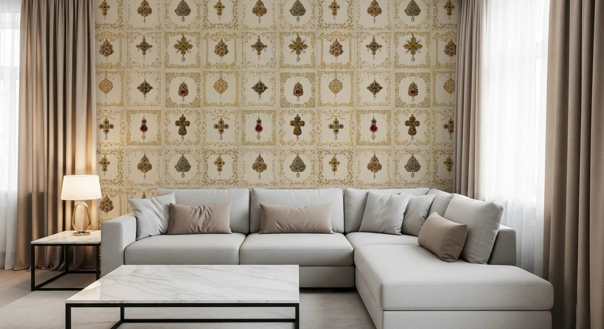 Jeweled relics and pearl pendants on Gilded Relics Pattern Wall Mural., GD8994