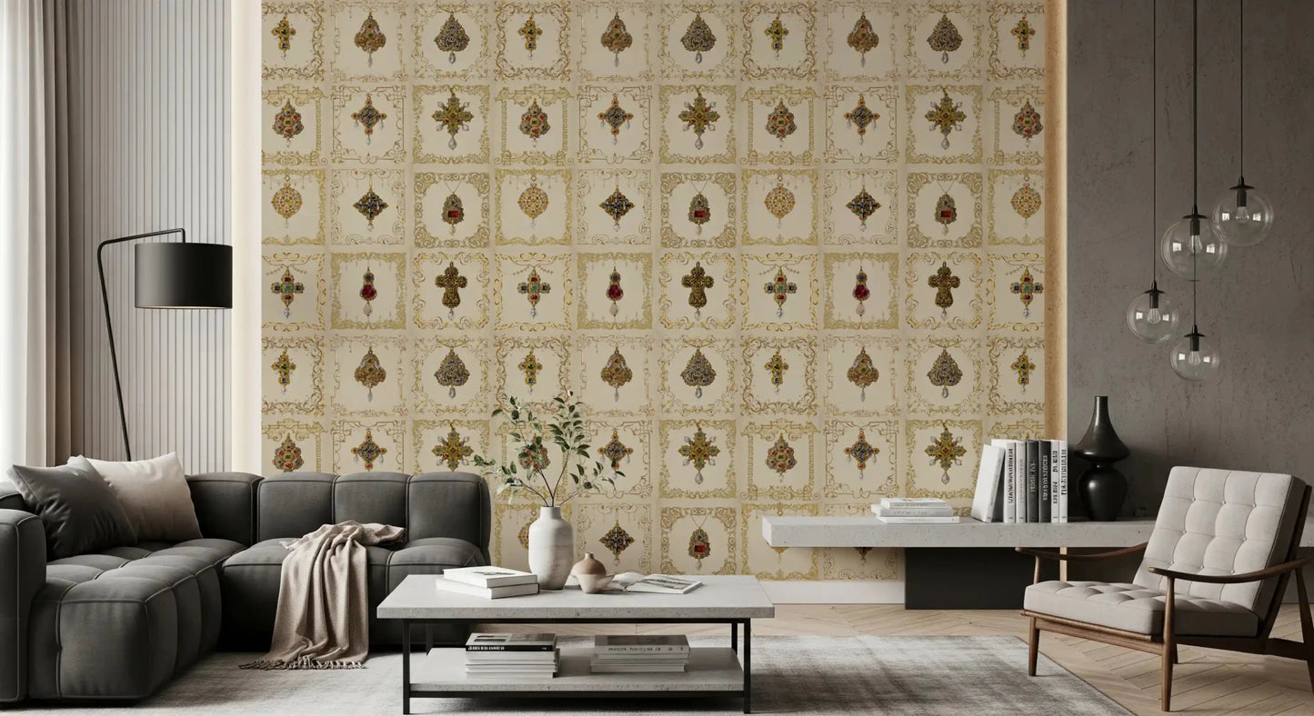 Gilded Relics Pattern Wall Mural in a professional home office room., GD8994