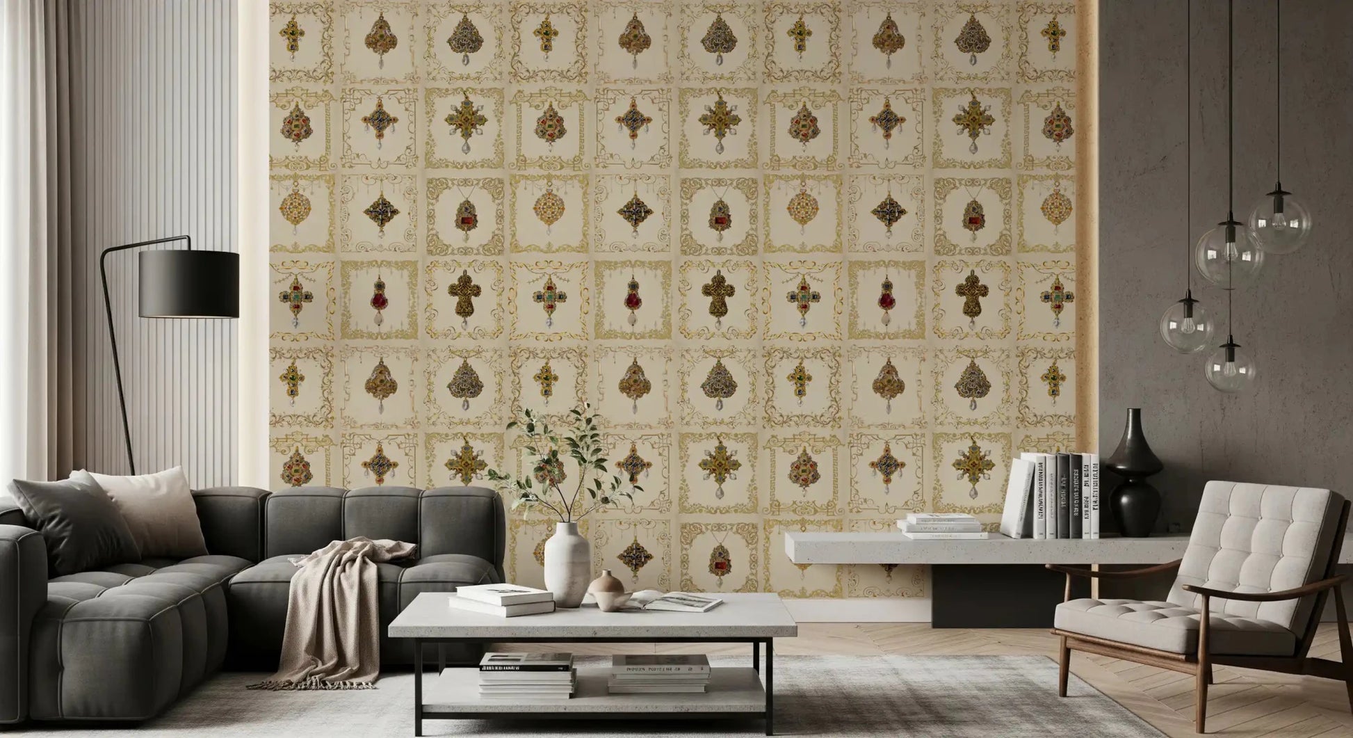 Gilded Relics Pattern Wall Mural in a professional home office room., GD8994