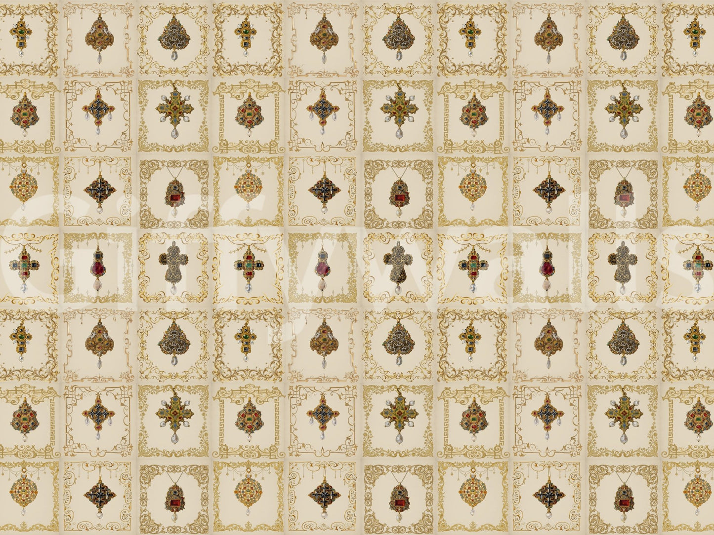 Repeating pattern of jeweled crosses on Gilded Relics Pattern Wall Mural., GD8994