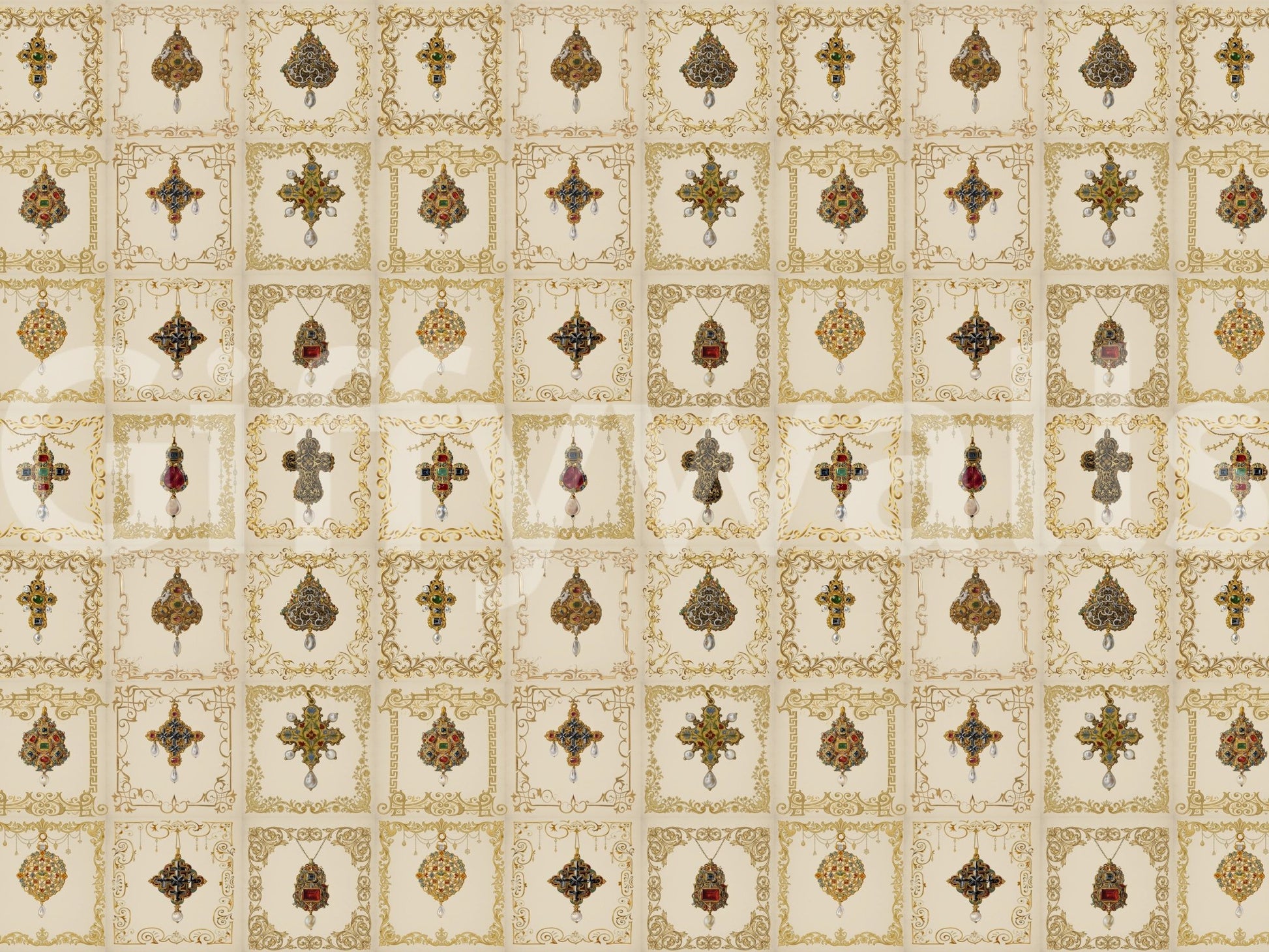 Repeating pattern of jeweled crosses on Gilded Relics Pattern Wall Mural., GD8994