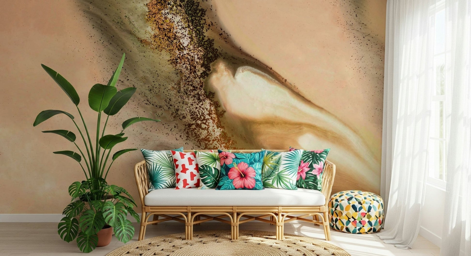 A calming abstract design wallpaper mural that defines a space.