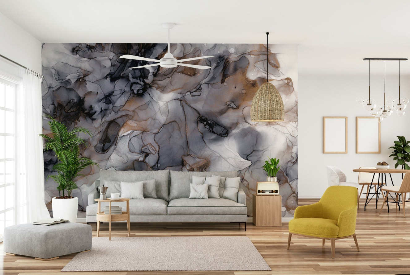 Gilded Smoke Wall Mural with swirls of gray smoke and gold accents

