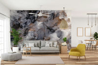 Gilded Smoke Wall Mural with swirls of gray smoke and gold accents

