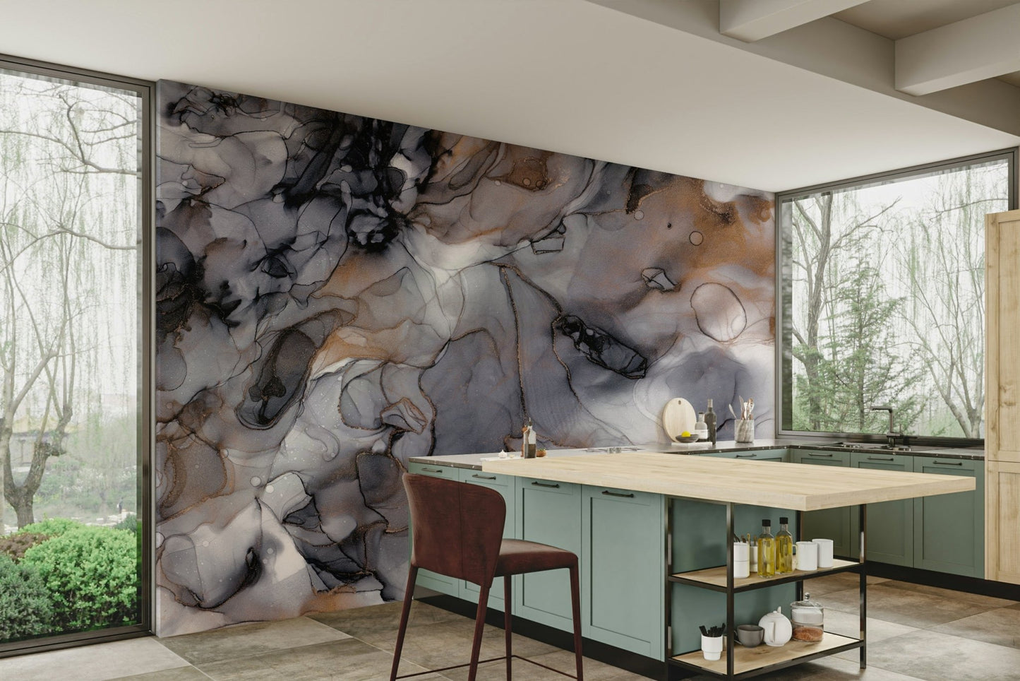 Dramatic smoke effects contrasting with metallic gold highlights

