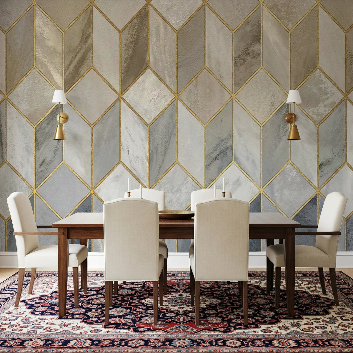 Dining room with Gilded Stone Wall Mural in gold cube geometric design, GD8501