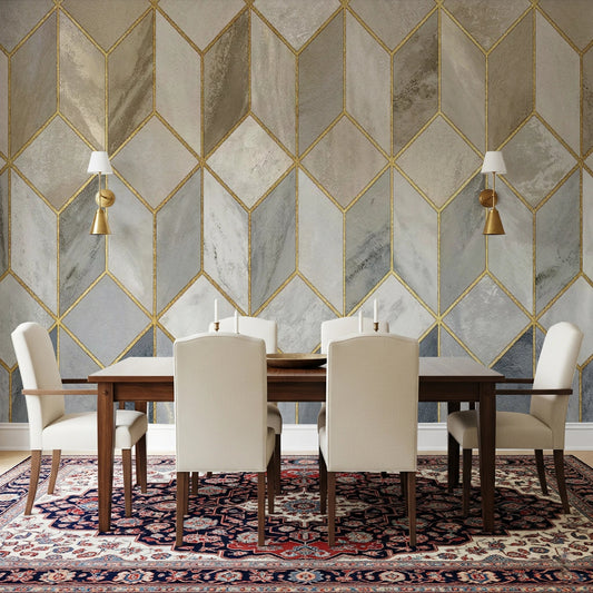 Dining room with Gilded Stone Wall Mural in gold cube geometric design