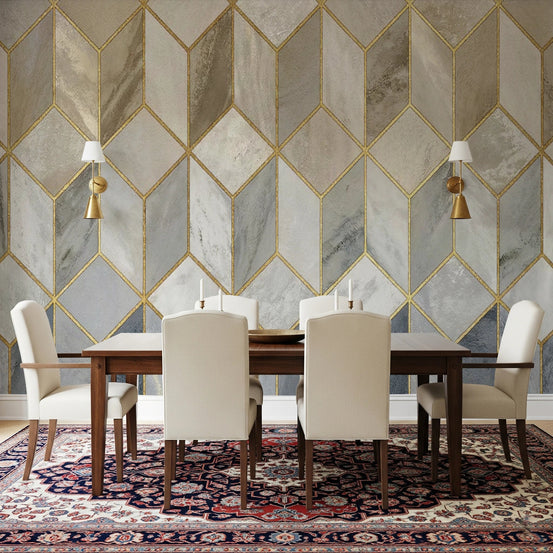 Dining room with Gilded Stone Wall Mural in gold cube geometric design, GD8501