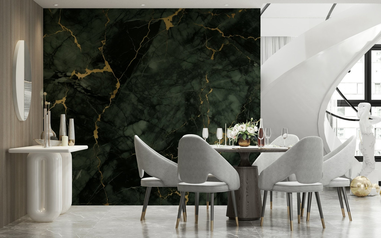 A beautiful subtle gilded stone wallpaper mural with gold veins and rock texture.