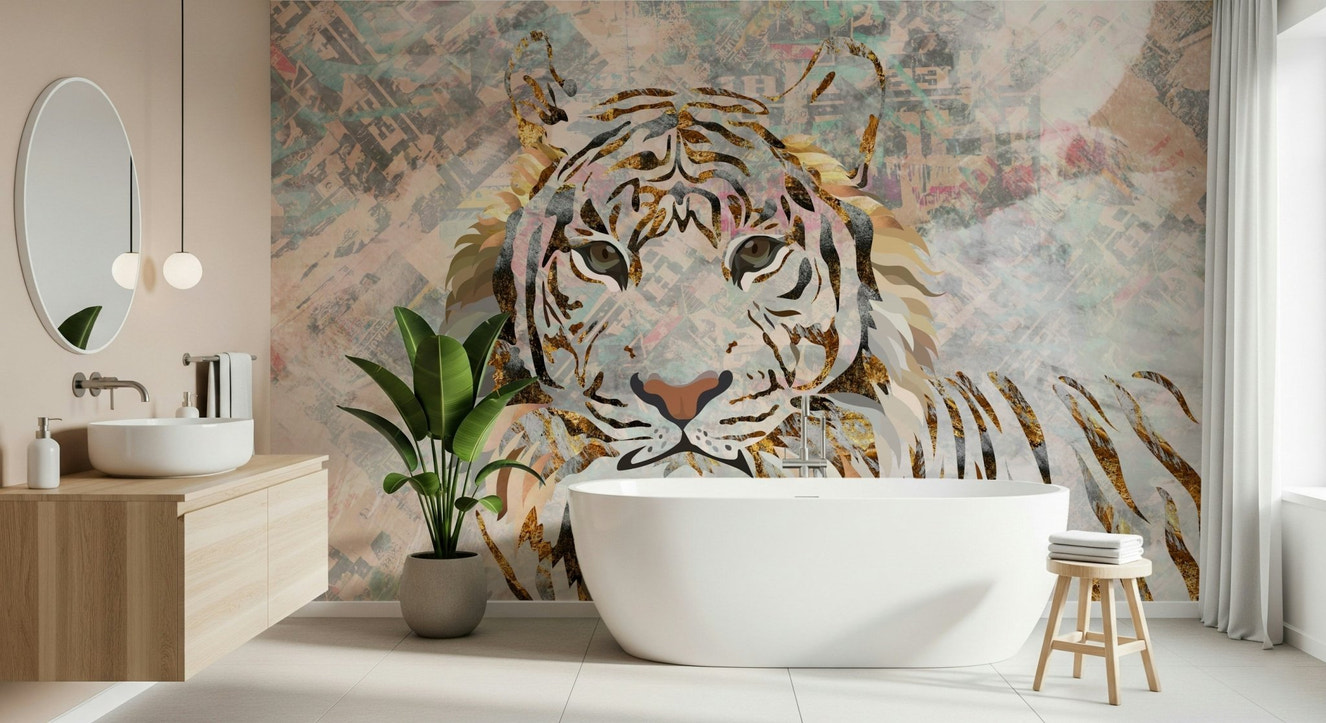A beautiful gilded tiger wallpaper mural in a modern collage style.