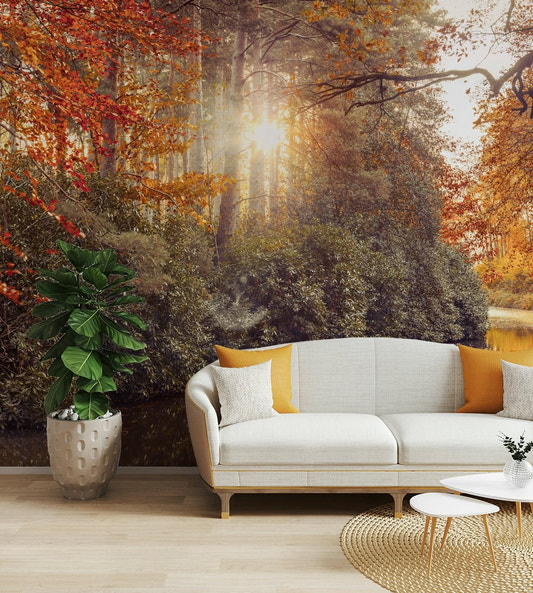 A beautiful serene forest landscape with golden tones.

