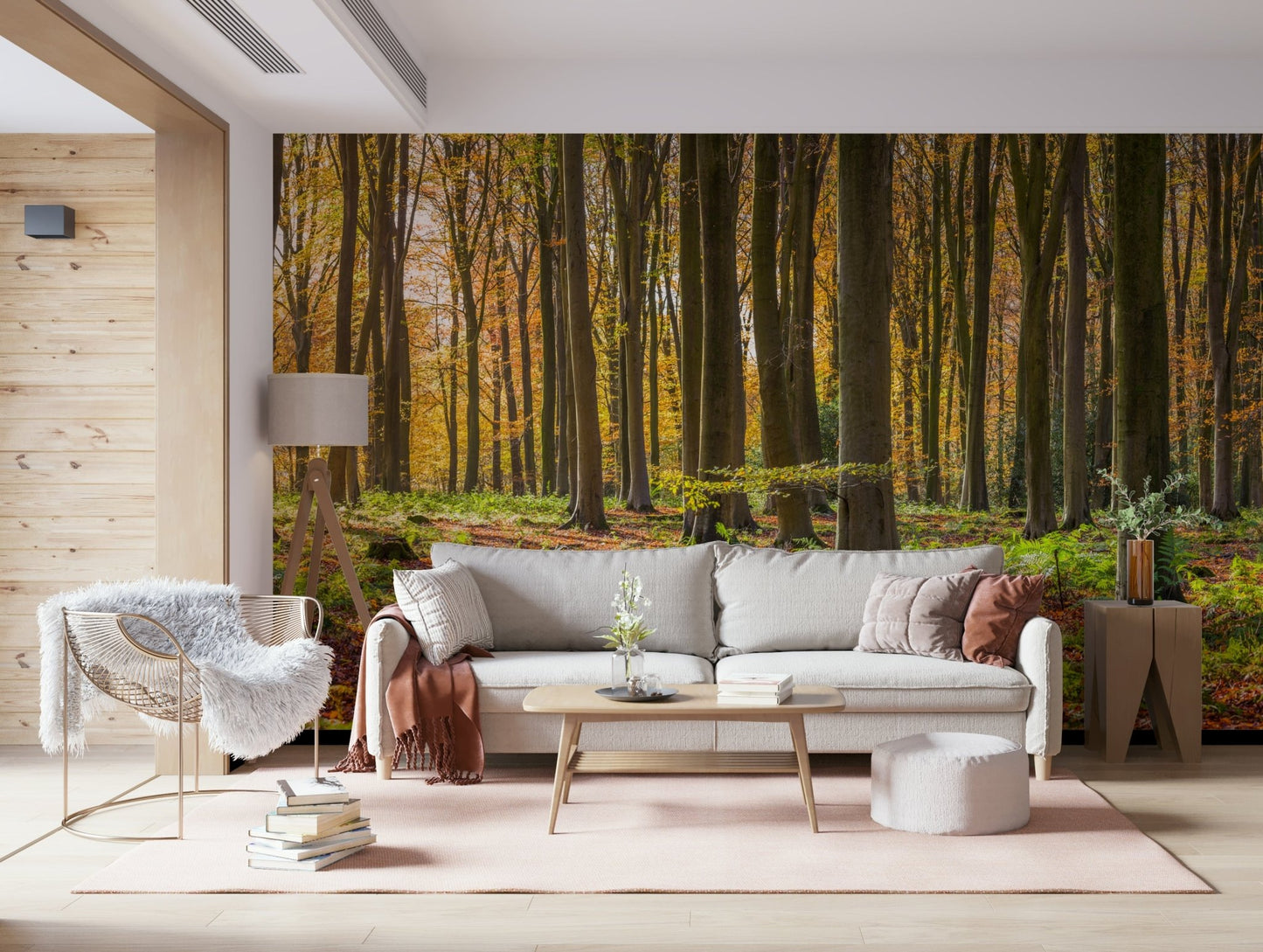 Sunlit forest Gilded Woods Wallpaper Wall Mural interior view.