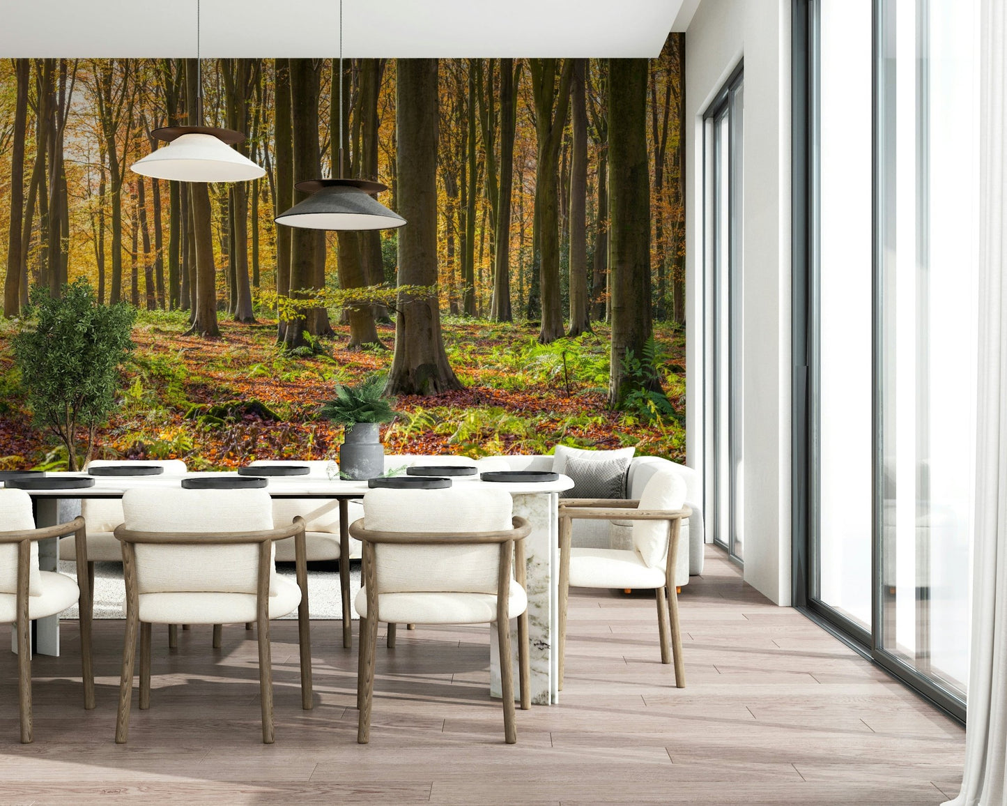 Tall tree Gilded Woods Wallpaper Wall Mural trunks and ferns.