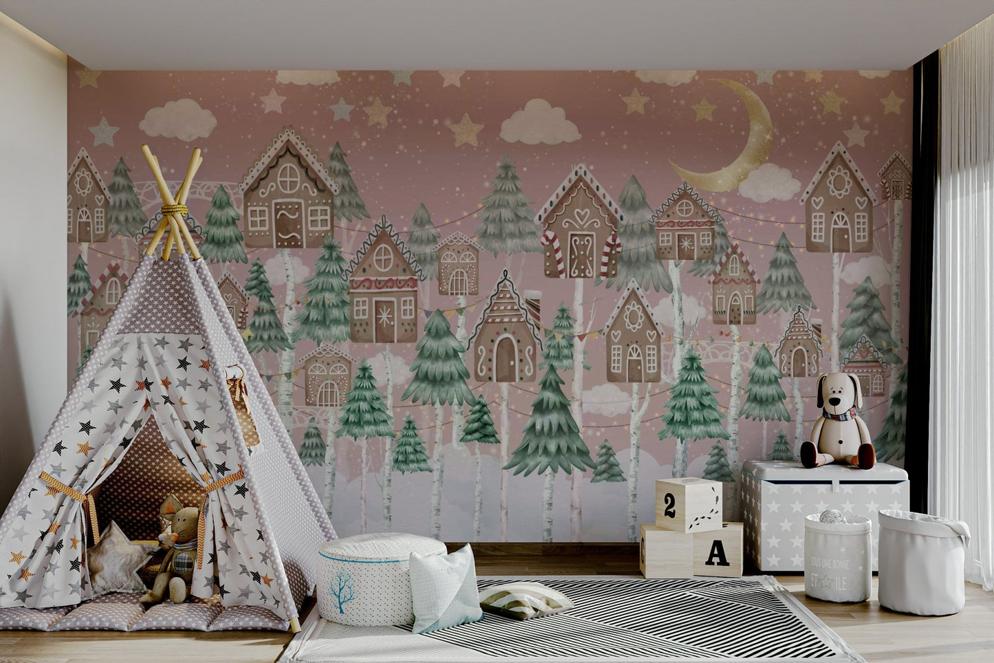 The houses are shaped like gingerbread cookies with white icing details.

