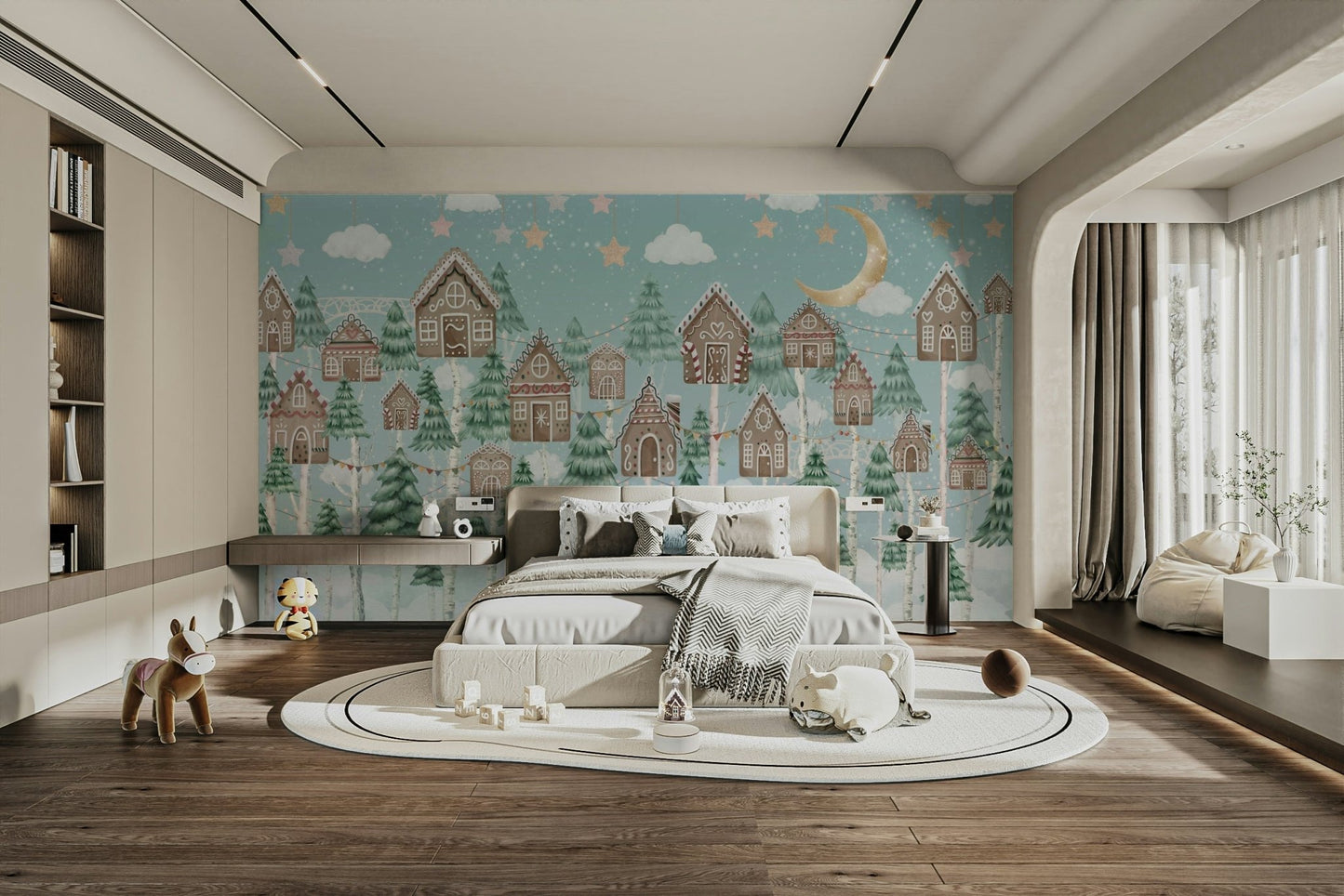 The trees are shaped like gingerbread cookies with icing details.

