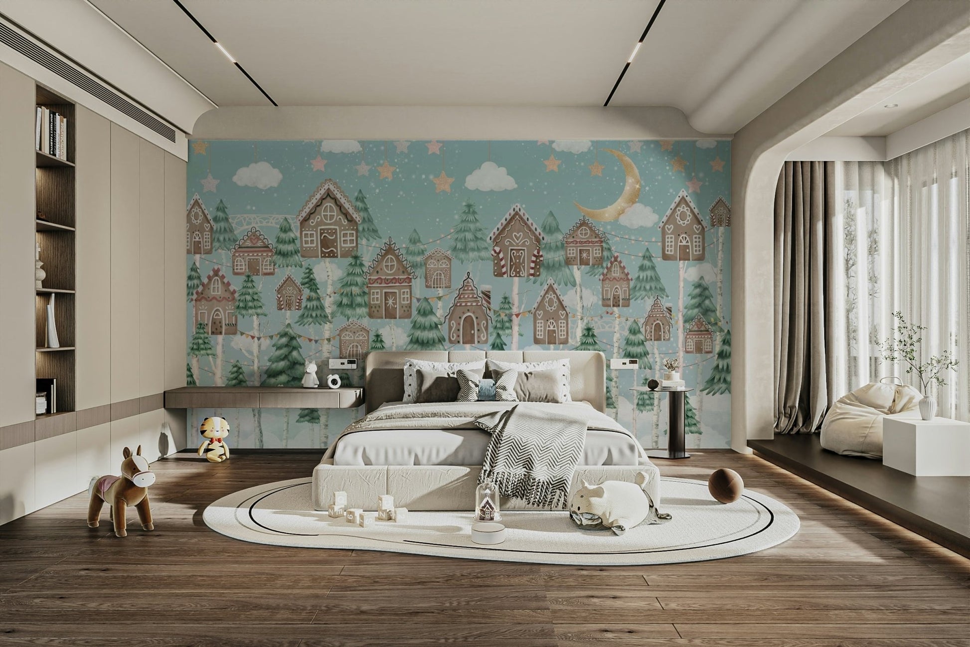 The trees are shaped like gingerbread cookies with icing details.

