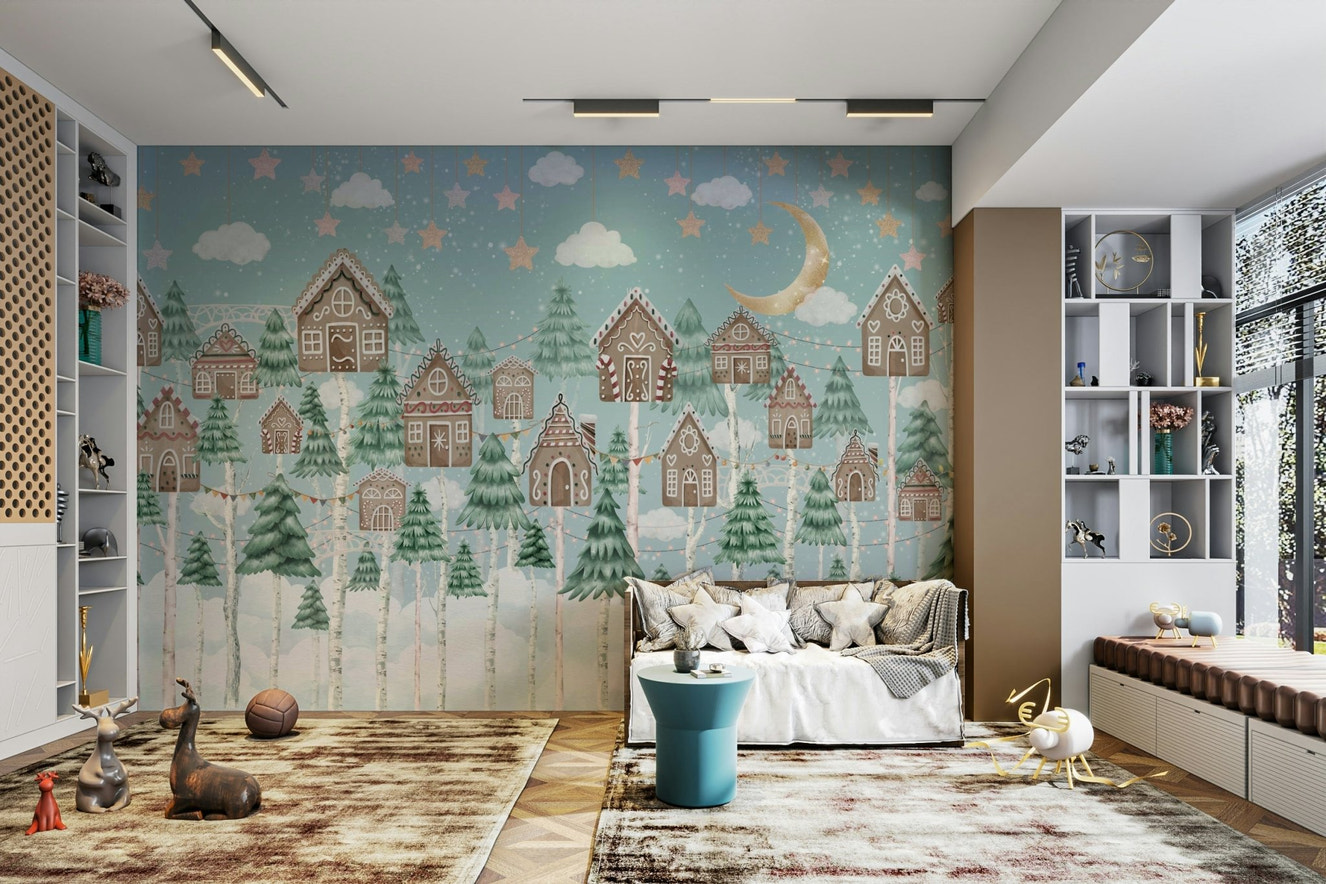 A whimsical wall mural with a magical gingerbread forest scene.

