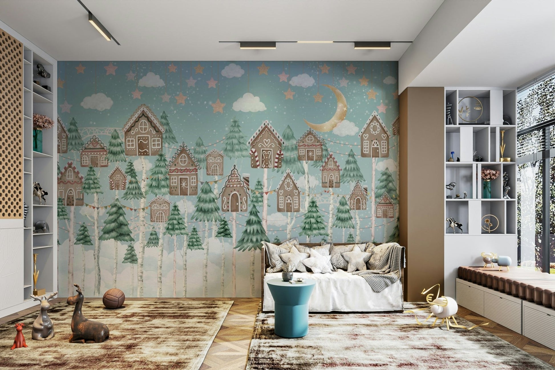A whimsical wall mural with a magical gingerbread forest scene.

