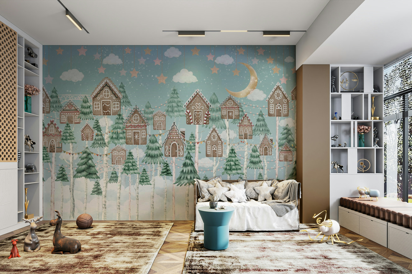 A whimsical wall mural with a magical gingerbread forest scene.


