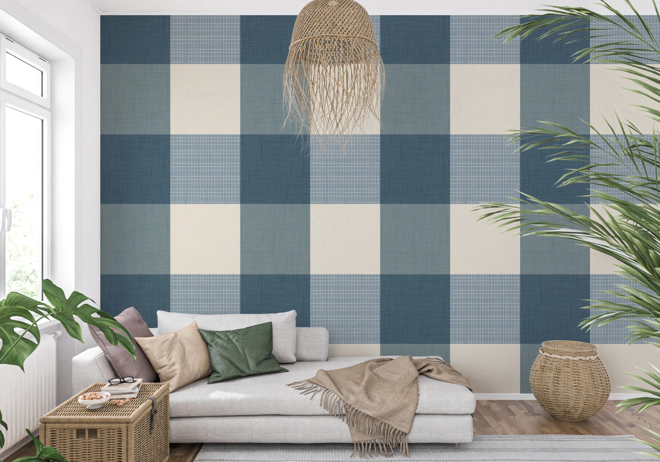 Gingham Dusty Blue Linen Texture Country  Wallpaper⁠