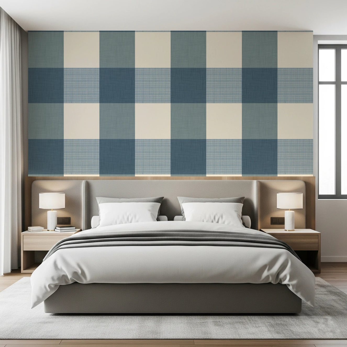 Bedroom with Gingham Dusty Blue wallpaper in a soft country block pattern