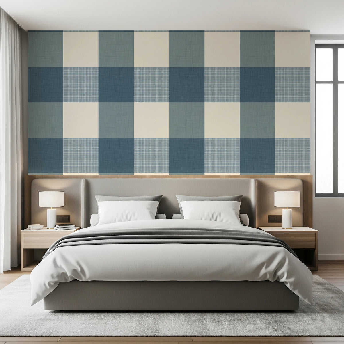 Bedroom with Gingham Dusty Blue wallpaper in a soft country block pattern, GD8702