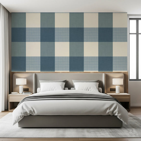 Bedroom with Gingham Dusty Blue wallpaper in a soft country block pattern, GD8702