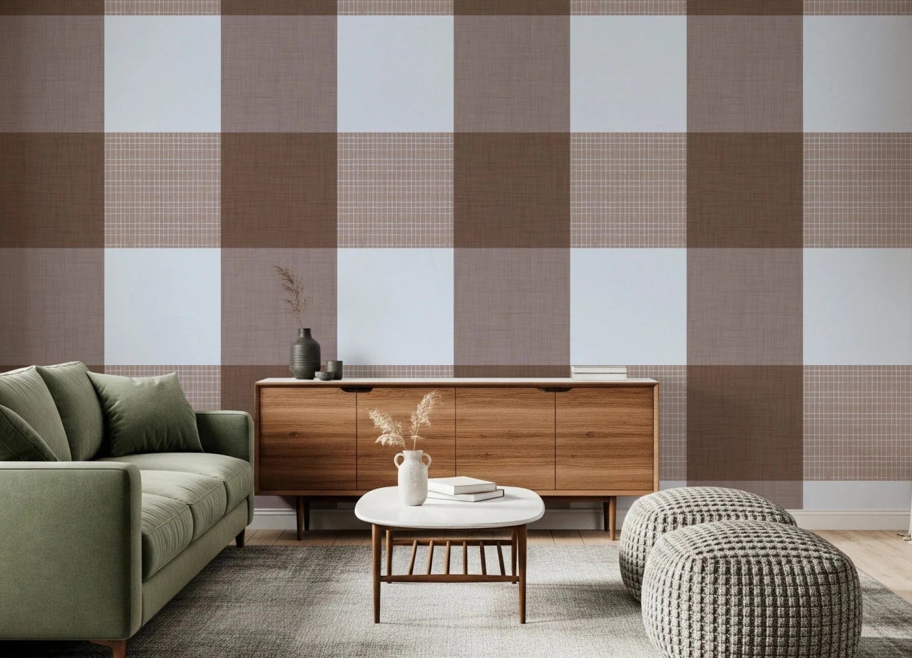 Living room with Gingham Mocha Brown wallpaper in a soft country block layout, GD8701