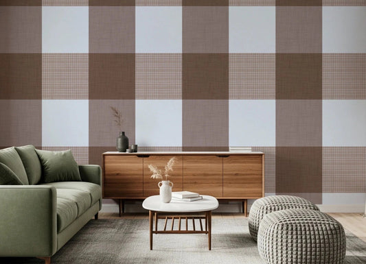 Living room with Gingham Mocha Brown wallpaper in a soft country block layout